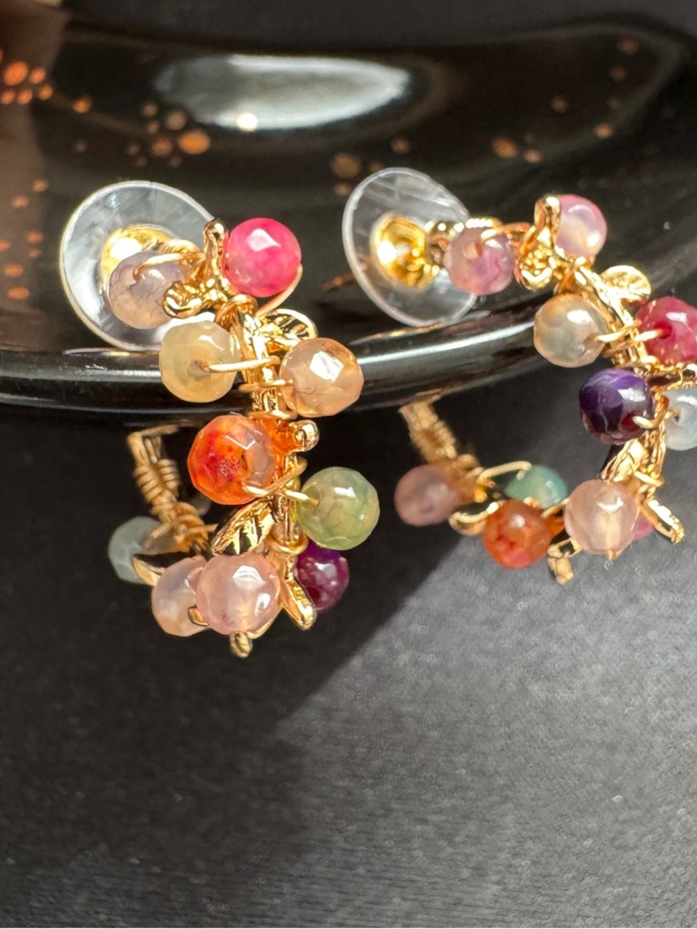 Gold Hoop Earrings with Multicolor Natural Crystal Beads